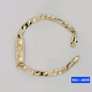 Saint Benedict Bracelet 8 inches Long (San Benito), Plate with clear stones 9mm wide, Chain Figaro link 6mm wide plain  Laminated Gold jewerly SKU : AB08