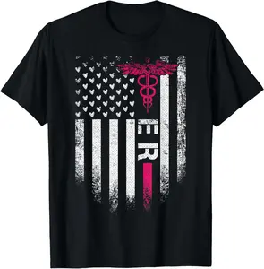 100% Cotton Vintage USA Flag ER Emergency Room Nurse Funny Nursing T-Shirt
