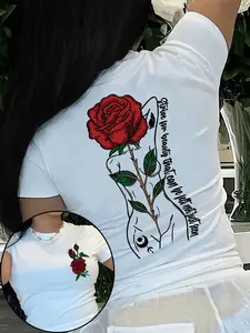Summer Women's Rose Floral Print Round Neck Casual Short Sleeve T-Shirt, Perfect for Everyday Wear, Fitted Style Graphic Tee