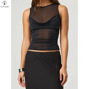 Women Summer Sleeveless Crew NeckFit Tank Tops Sexy See Through Blouse Shirt