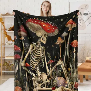 Gothic Skeleton Mushroom Forest Art Pattern Blanket, 1 Count Soft Warm Flannel Throw Blanket, Air-conditioned Room Blanket, Warm Nap Blanket for Home Office Travel