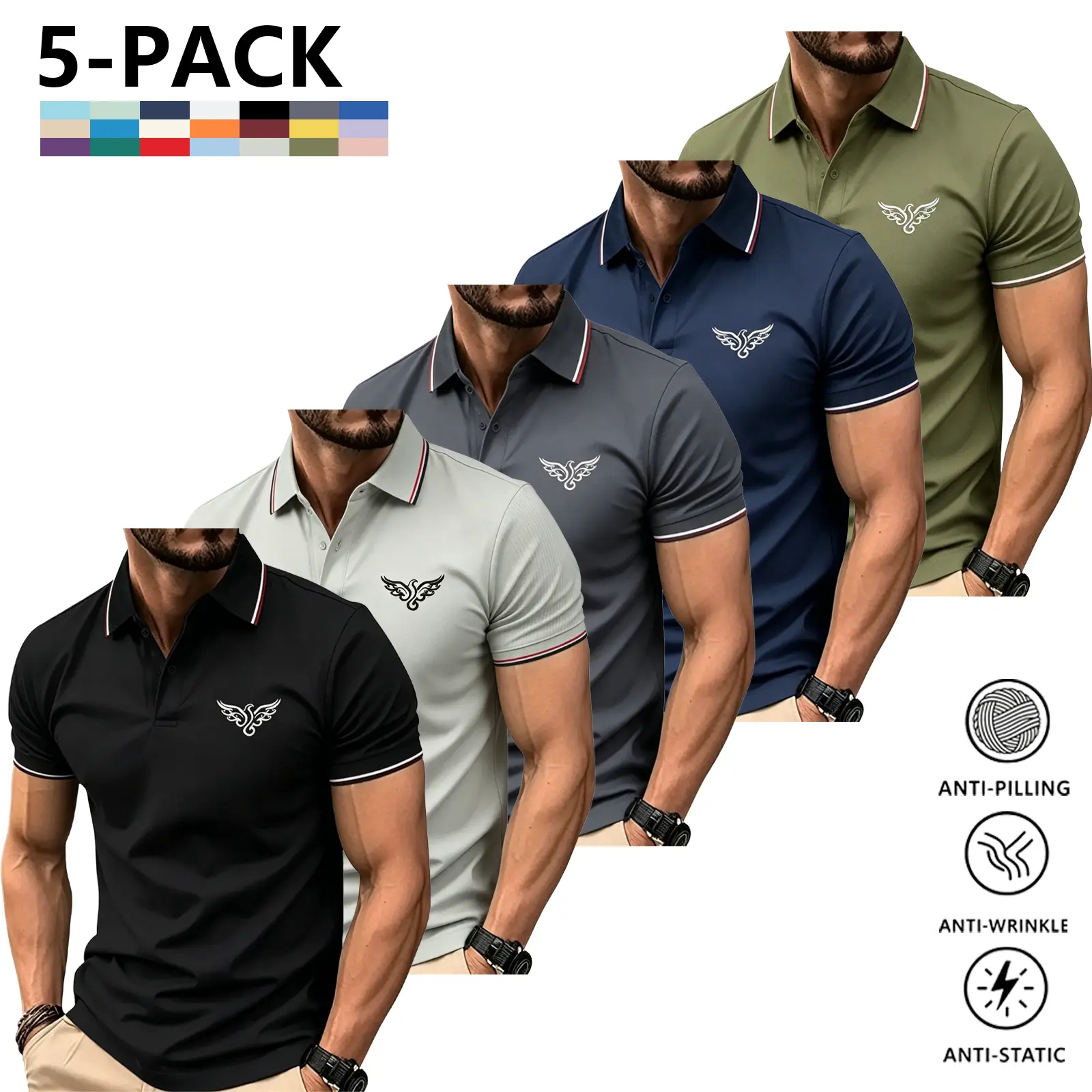 Men' s 5 pack lightweight spring autumn loose stretchregular polo shirts, Eagle logo polos, available in 21 styles,breathable, skin-friendly, soft and comfortable, ideal foreveryday casual wear and golf, great gift choice forboyfriend or father.