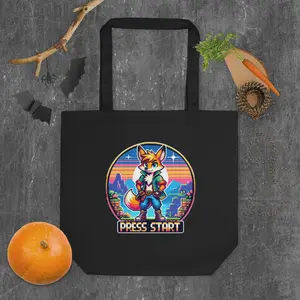 Press Start Furry Fox | Eco Tote Bag Canvas Black