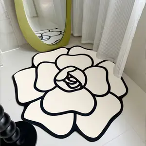 Round Camellia Shaped Area Rug, Home Decor Rug, Modern French Minimalist Soft Plush Carpet for Living Room Bedroom, Thick Comfortable Indoor Mat