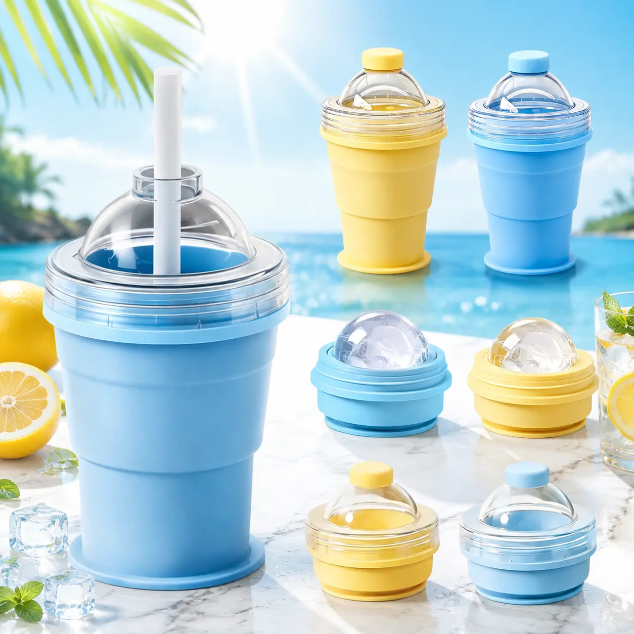 Iced Coffee Cup Coolie with straw, 2 in 1 Iced Coffee Cups mold - Reusable Cup Holder - Easy Carry Handle - Keeps Drinks Cold  Drinkware Lightweight Washable