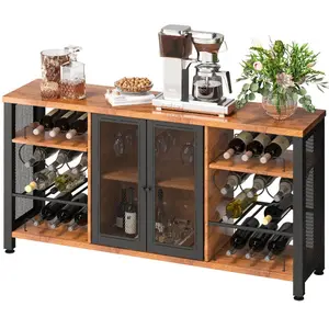 Fathersdaygift VEVOR 55-Inch Rustic Oak Industrial Bar Cabinet, 330-LBS Metal Storage Cabinet with 24-Bottle Wine Racks, Glass Holders & Metal Sideboard, Farmhouse Wood Coffee Bar for Living Room, Dining Room, Metal Storage Cabinets