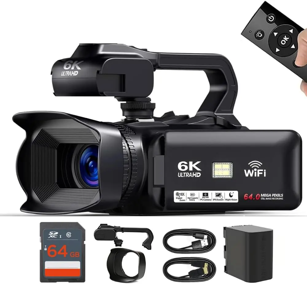6K 64MP HD Video Camera Camcorder 6K Auto Focus Vlogging Camera for YouTube 60FPS 18X Zoom Digital Video Camera with WIFI, Webcam, Mic Stabilizer 64GB SD Card Card Reader Remote Control Battery