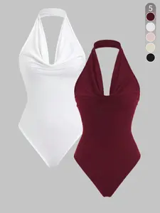 Women's Solid Cowl Neck Ribbed Bodysuit, Casual Fashion Minimalist Sleeveless Bodysuit for Daily Outdoor Wear, Women Clothing for All Seasons, Tops, Basic  Womenswear