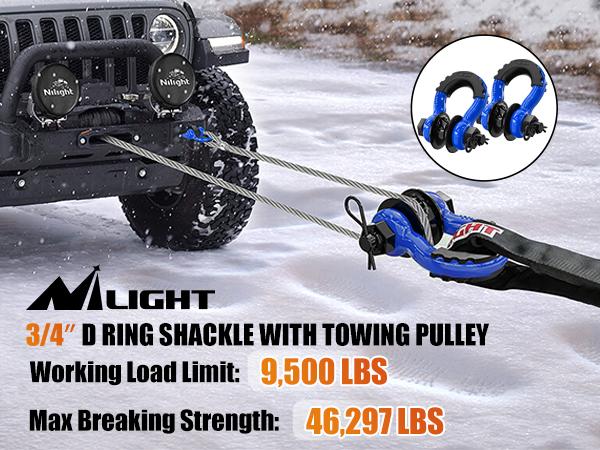 Nilight 3/4" D Ring Shackle with Towing Pulley 2 Pack 4.75 Ton (9500 Lbs) 7/8" Pin Heavy Duty Off Road Recovery Shackle with Isolators Washer Kit for Jeep Truck Tractor Vehicle ATV UTV Winch Strap Hook Synthetic Winch Rope Adjustable Ropes Black