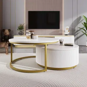 Modern Round Nesting Coffee Table Fluted with Drawer in White & Gold in 27.6"