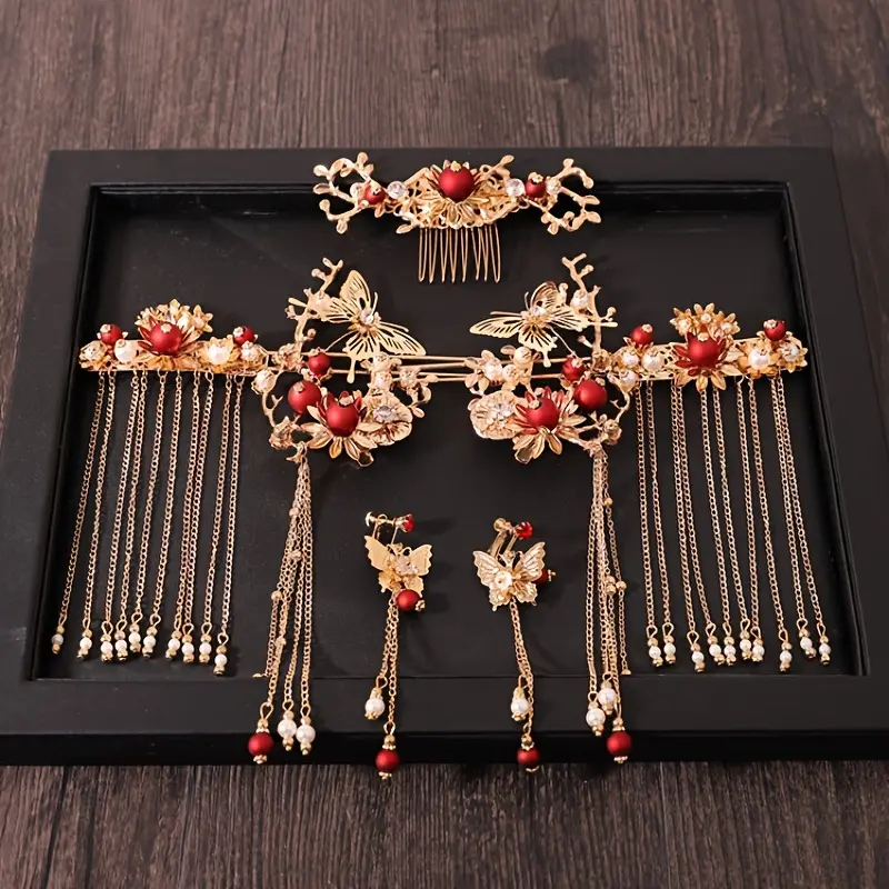 Traditional Chinese Hair Accessory Set, 5-Piece Dainty Floral Alloy Hairpins, Combs and Headband for Bridal Weddings