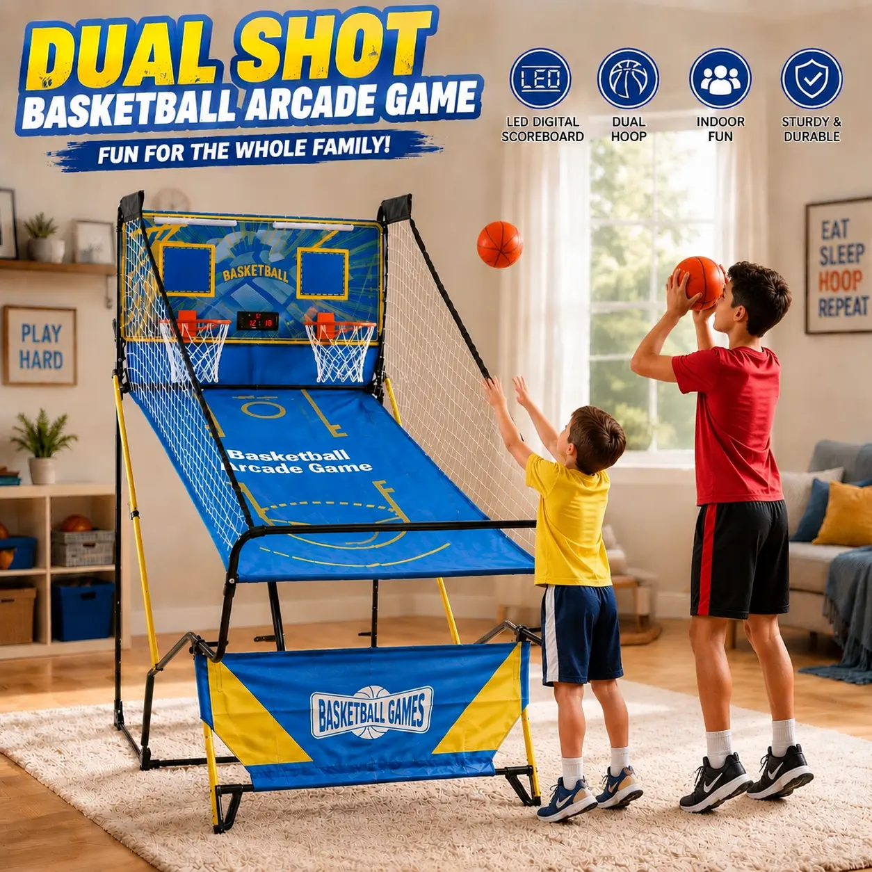 Kids Basketball Arcade Game, Dual Shot Foldable Indoor mini Basketball Hoop with LED Digital Scoreboard, 4 Balls & Pump, Home Arcade Game for Family Entertainment