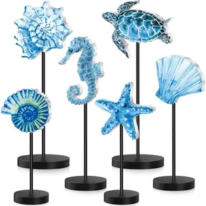 6 count Summer   Table Sign Standing Wooden Starfish Sea Turtle Seashell Shell Tabletop  Decor Rustic Wooden Tabletop Centerpiece Standing Block Decorations for Farmhouse Kitchen