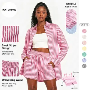 Katch Me Women's Casual Color Matching Striped Long Sleeve Shirt & Drawstring Waist Shorts Loungewear Co-ord, Lightweight Loose Two-Piece Set, Skin-Friendly Womenswear