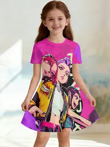 Girls' 3D Short Sleeve Dress, Cyber Graffiti Kpop Full Print Summer Dress, Perfect for Parties, Festivals, Gifts, Birthday Presents