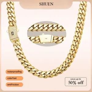 SHUEN 14K gold-plated Cuban necklace/bracelet Brand new "S" logo design| The latest electroplating gold-plating process for rust prevention|  hip-hop style fashion items| The best gift for men and women| Couples' style| 8mm/10mm/12mm/14mm
