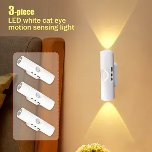 3Pack Magnetic Wall-Mounted Cat Eye Sensor LED Light, 3-Color Temperature Adjustable + USB Charging, Motion Sensor Auto On/Off, Dual Use for Living Room Bedroom ,Wardrobe, Stairs, Hallways, Easy Installation, Modern Home Lighting