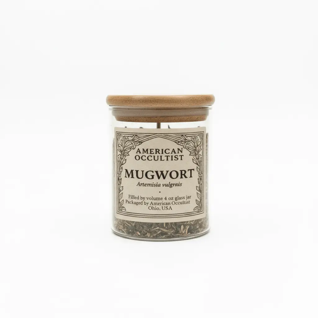 American Occultist Mugwort Herb Jar 4 oz Glass Container with Bamboo Lid for Dreamwork Divination and Protection