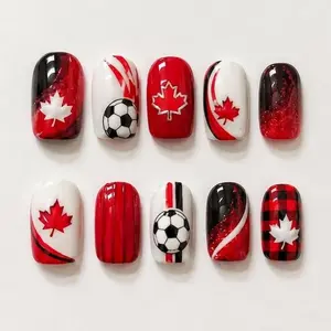 Canada Football Press On Nails 3D Glam Soccer Fan Maple Leaf Reusable Game Day