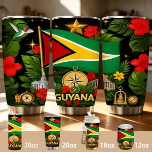 Guyana National Pride Tumbler, Vibrant Tropical Flag & Hummingbird Design, 12/18/20oz Multi-Size Stainless Steel Insulated Cup, Keeps Cold/Hot for Hours, Ideal Gift for Guyanese Fans