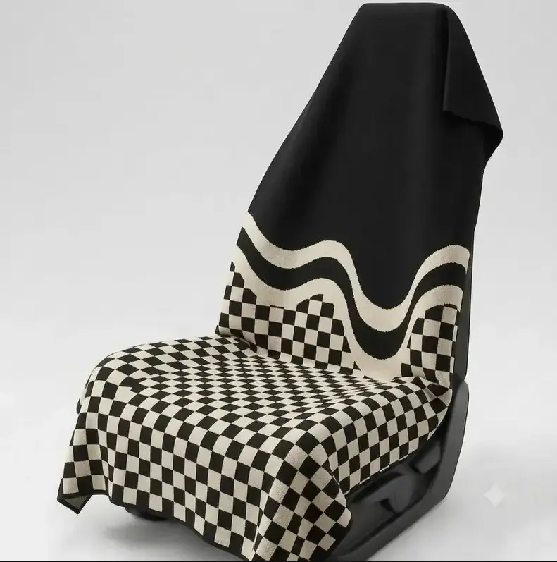 Dark Checkerboard Wave Car Seat Cover, Aesthetic Warm Tone Vehicle Interior Protector for Gym & Beach"