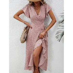 Women's floral print dress, Bohemian V-neck butterfly sleeve summer dress, beach resort women's dressRAIMENTRY