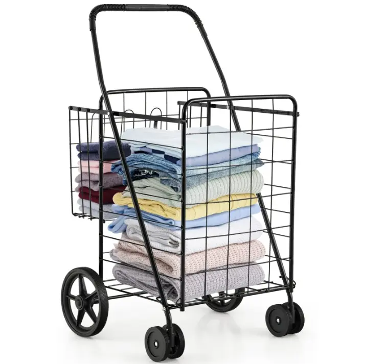 Folding Shopping Cart with Swiveling Wheels and Dual Storage Baskets