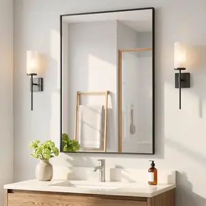 24"x36" Black Bathroom Mirror for Wall, Shatterproof Tempered Glass, Rectangle Thin Metal Frame, Ultra-Flush Wall-Mounted, H/V Mount