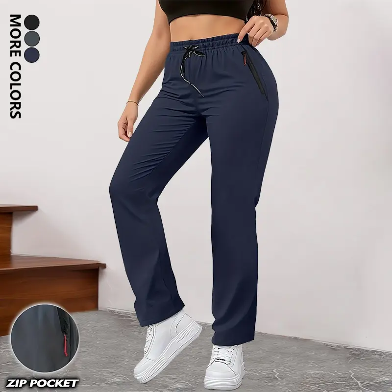 Women’s casual long pants with zippered pockets and an adjustable drawstring waist — solid color, non-stretch fabric; suitable for all seasons; stylish outdoor breathable straight-leg long pants.