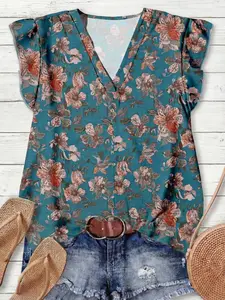 Women's Casual Retro Floral Pattern V-Neck Shirt Blouse, Perfect for Fall/spring, Bohemian Style, Loose Fit, Fashionable Ladies' Top