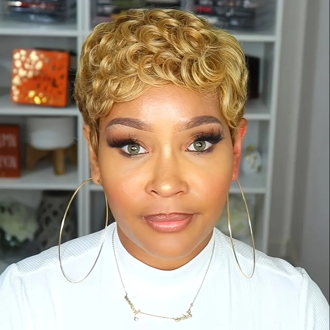 Women's 8in Full Lace Brazilian Human Hair Wig - Lace Front, Short Kinky Curly Pixie Cut Bob, 130% High Density, Blonde/Black/Wine Red, Versatile Natural Look, New Arrival, Heat Resistant Short Curly Kinky Hair Wig
