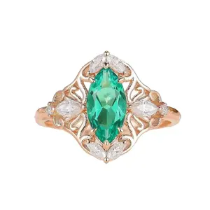 Vintage Edwardian Marquise-Cut Emerald Engagement Ring in 18k Rose Gold with Moissanite Cluster Accents, RegalGemWorks Promise Ring, Anniversary Band, Bridal Gift, May Birthstone Jewelry, Custom Proposal Ring, Leaf Engagement Ring