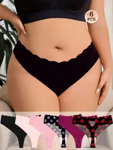 6pcs Seamless Underwear for Women, Seamless Design, Plus Size Fit Sexy Thong Panties, Leopard Print, Soft Ladies' Thongs, Comfortable Printed Panties, Soft Comfy Panties