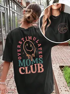 Women's "Overstimulated Moms Club" Graphic Print T-Shirt | Summer Casual Round Neck Short Sleeve Top, Plus Size Comfort Tee, Funny Mom Life Apparel