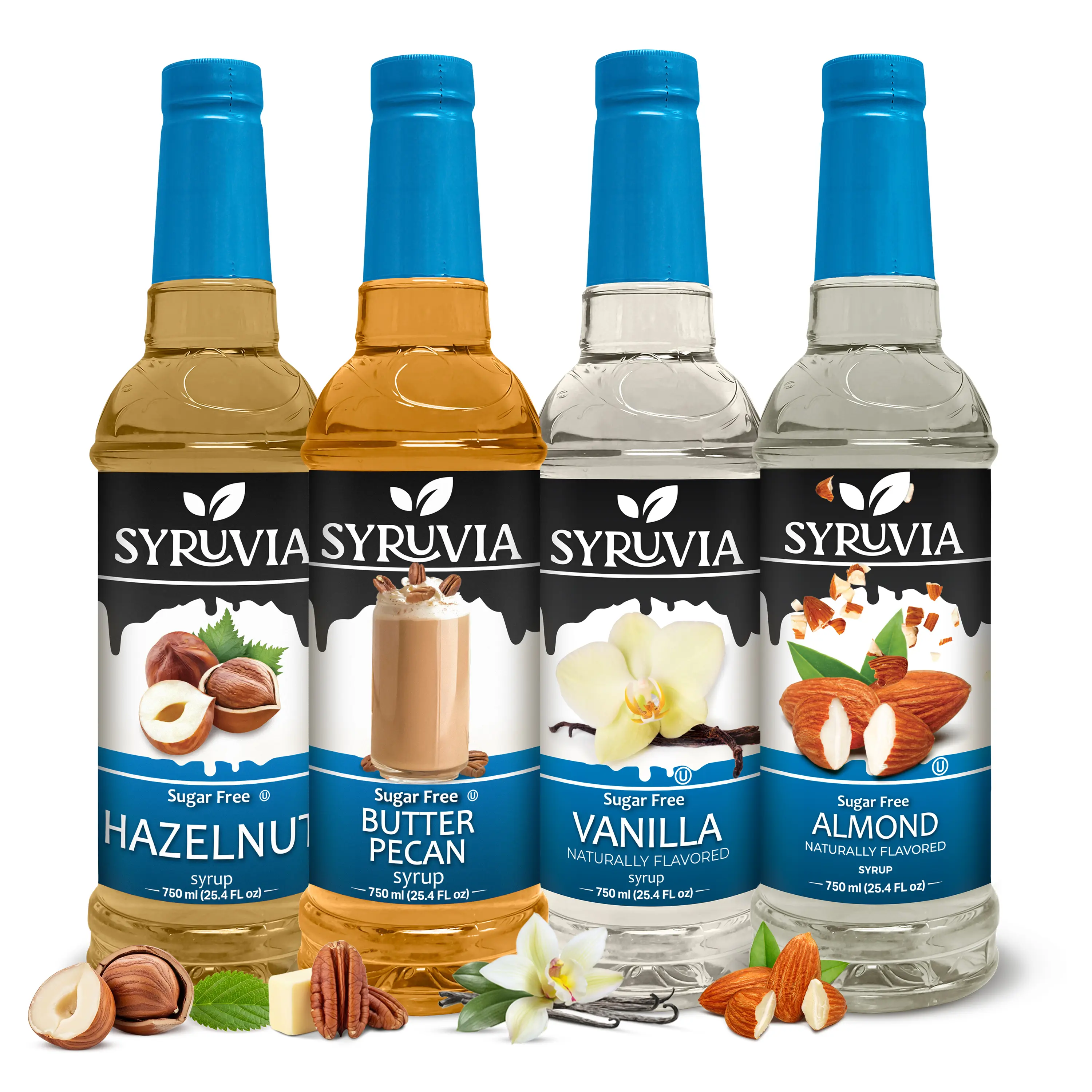 Syruvia Sugar Free Syrup Variety Pack - Hazelnut, Butter Pecan, Vanilla & Almond - Gluten-Free, Kosher, 25.4 fl oz Bottles - Classic Coffee Flavor Set for Teas, Desserts & Lattes (4-Pack)