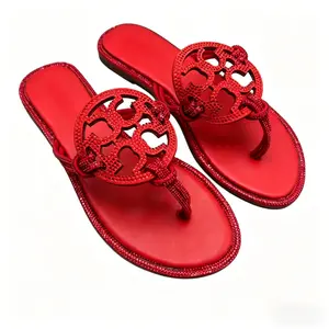 Womens Bold Red Rhinestone-Encrusted Thong Flip Flops with Statement Cutout Detail for Summer Casual & Dressy Outfits