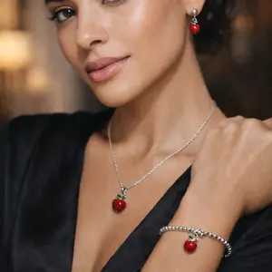 Silver-Apple Charm Jewelry Set – Necklace, Bracelet & Earrings (Stainless Steel)