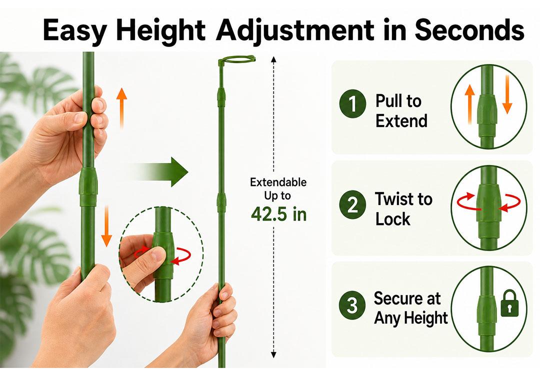 Metal Adjustable-Height Plant Stand (16.5-42.5 in) - Spiral Telescoping Design, Easy to Use, Heavy-Duty Rustproof, Plastic-Wrapped, Plant Care & Support for Tipping Monstera Deliciosa, Succulents, Plant Support