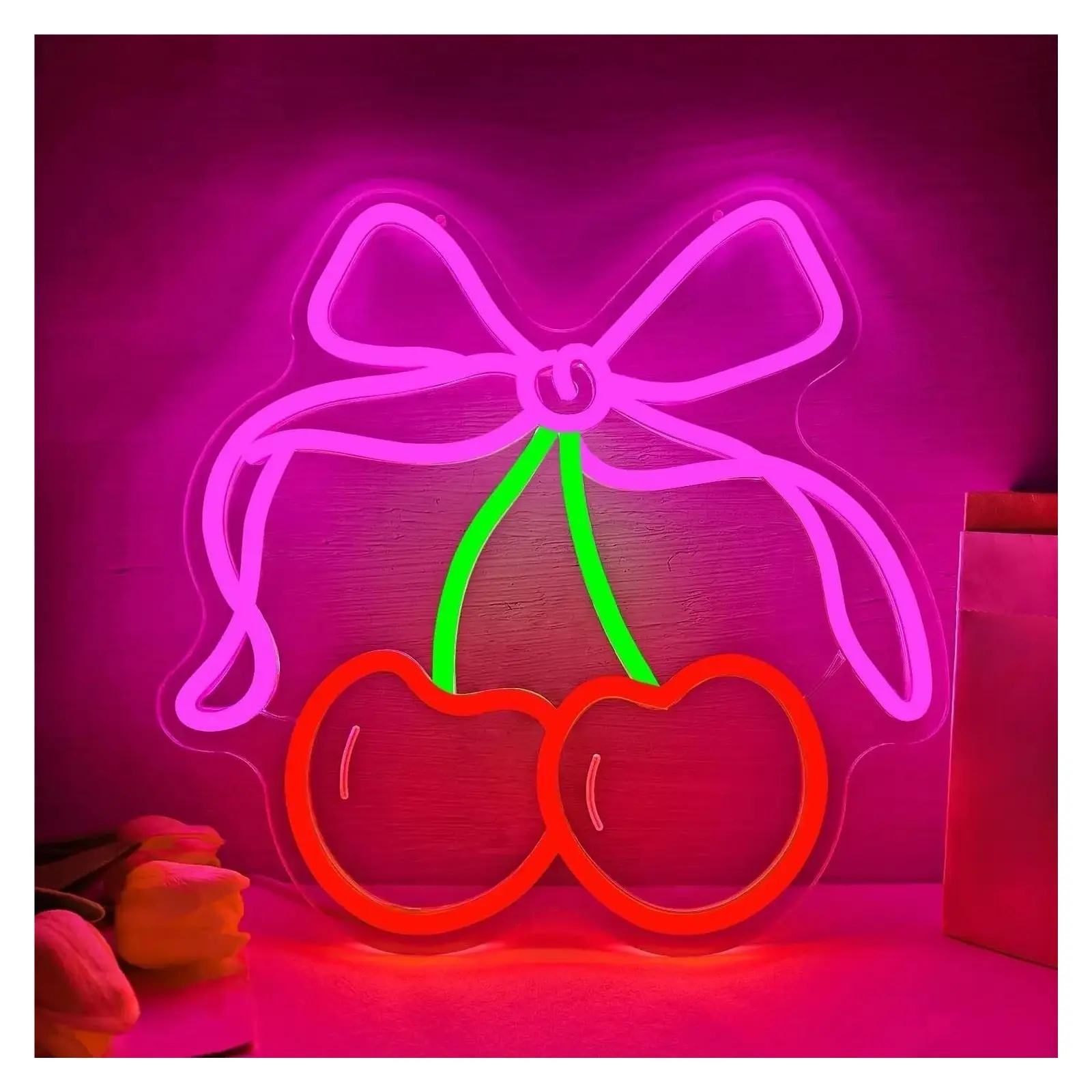Sign Illuminated Cherry Bow Neon Sign Light Dimmable USB Powered For Bedroom Home Dorm Bow Shop Wedding Party Wall Decor 31.5cmx32.3cm