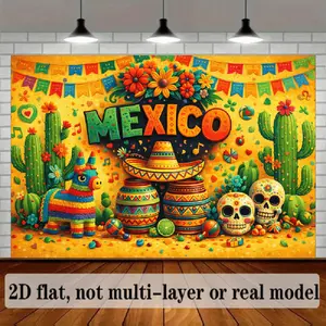 1PC,2D Flat Backdrop Mexico Theme Fiesta Backdrop, Day of the Dead Party Decoration, Cactus Sugar Skull Pinata Elements, Festival Atmosphere Decor, Photo Booth Props for Birthday/Carnival