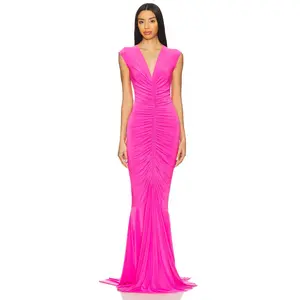 Norma Kamali x REVOLVE Sleeveless Deep V Neck Shirred Front Fishtail Gown in Orchid Pink