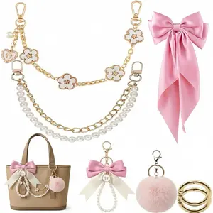 7PCS Tote Bag Charms Kit, Large Pink Satin Bow & Fluffy Pompom Keychain, Pearl Gold Chain Accessories Compatible with YETI Camino 20/35/50 Carryall & Bogg Beach Tote