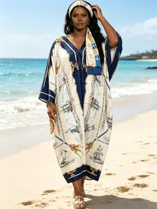 1dress+1headscarf Plus Size Nautical Anchor Print Kaftan Dress With Matching Head Scarf 2 Piece Set Women Oversized Beach Cover Up Loose Muslim Abaya Resort Vacation Maxi Nightgown Summer