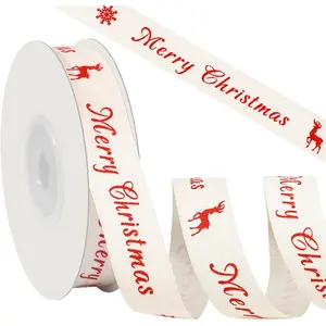 Merry Christmas Ribbon 5/8" X 12 Yards Cotton Ribbon with Red Merry Christmas Snowflake and Elk, White Gift Ribbons for Gift Wrapping Tree Wreath Crafts Holiday Home Decorations