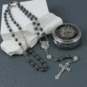 6mm Glass Pearl Beads with 8mm Our Father Beads with Caps Rosary Pack in Miraculous Metal Gift Box Catholic Rosary Beads for Women, Handmade Imitation Glass Pearl Rosary Necklace With Crucifix Cross, First Communion Gifts, Wall Crosses Christian Gifts