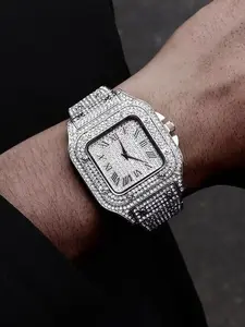 Men's Casual Fashion Quartz Watch, Elegant Square Dial Rhinestone Decorated Alloy Case Wristwatch, Classic Simple Fashion Street Style For All Seasons, Black Friday Deal Watch Suitable For Casual Business Wear, Birthday Christmas Gift