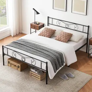 Black Decorative Iron Queen Bed Frame with Vintage Pattern Headboard, Footboard, Full-Length Rails, Steel Tubing Storage Space, Quick Setup Easy-Assembly Metal Mattress Foundation