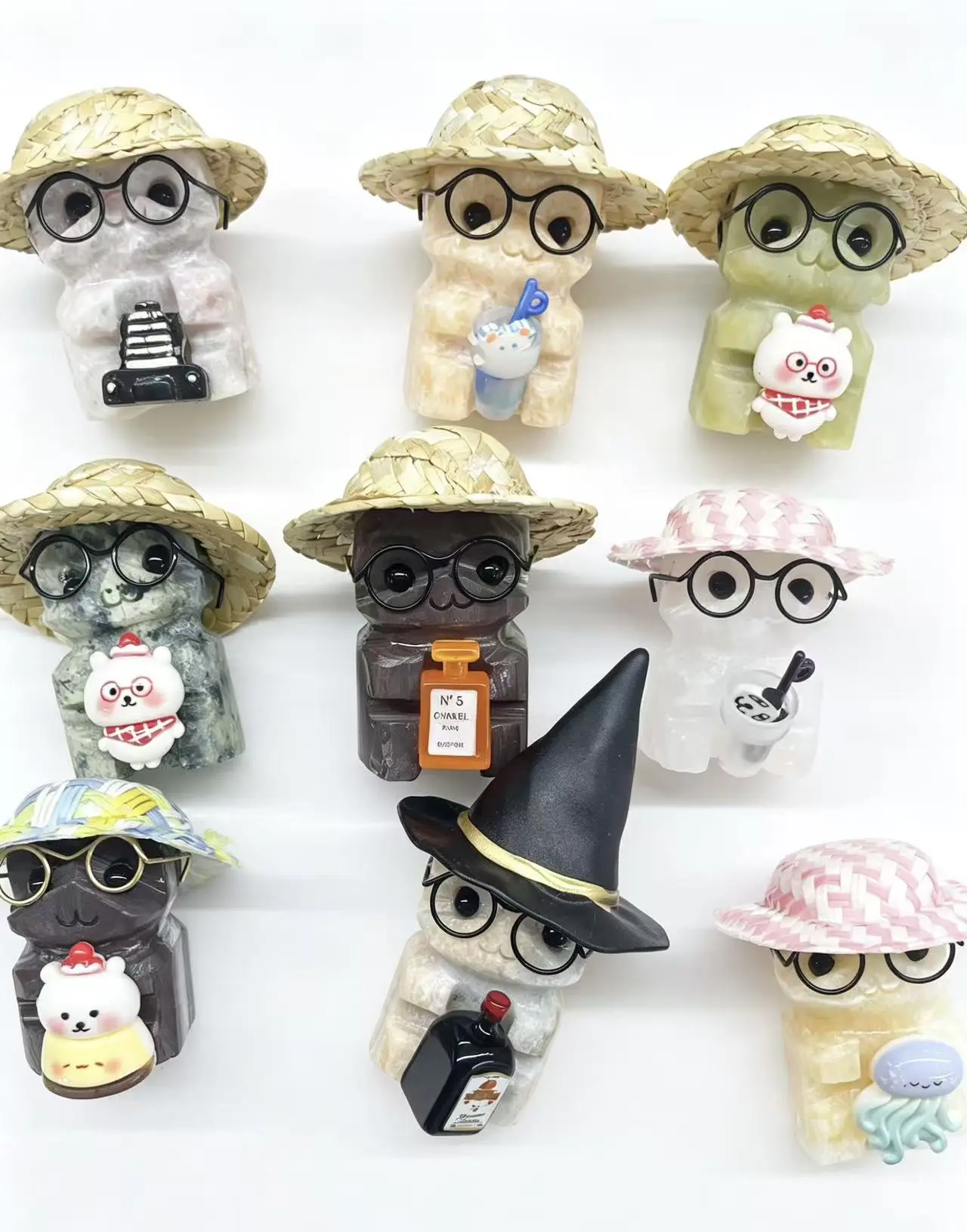 10pc Handmade Whimsical Natural Crystal Carvings Assortment Set - Cute Hat Adorned Unique Gemstone Figurines, Ornaments for Healing Crystal Altar Gifts, Home Decor