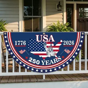 (1 Piece Only) 250 Years USA Semicircle Flag Banner, 1776-2026 Fan Flags, 2 Ply Year American Anniversary Flag for Wall, Front Door, Porch, Fence, Outdoor Decorations