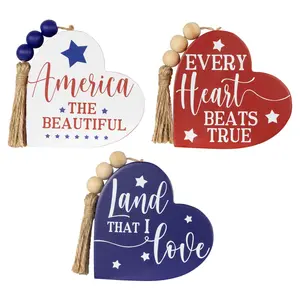 Northlight Patriotic Hearts with Tassels WoodenSigns - 3.75"